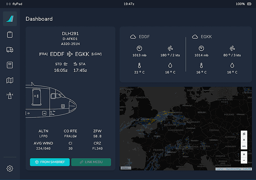 flyPad showing route, weather and map